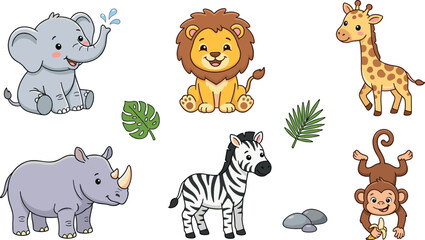 Cute African Safari Animals Vector Clip Art Set Featuring Cartoon Elephant Lion Giraffe Rhinoceros Zebra Monkey and Tropical Jungle Leaves Icons © Rownok