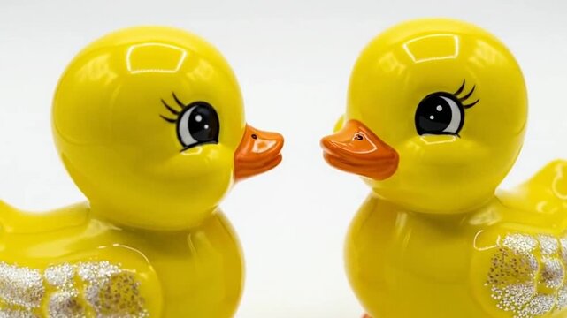 Two yellow rubber ducks facing each other.