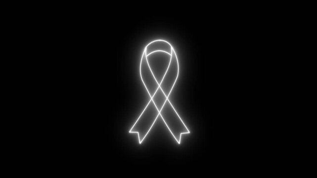 4K White color neon mourning ribbon stock animation. Slow motion breast cancer awareness symbol on Black Background. Vibrant Fluorescent signal Animation with alpha channel.