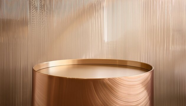 close up of empty modern golden round table on reeded glass partition on cream colored wall for luxury organic beauty cosmetic product display minimal design with copy space