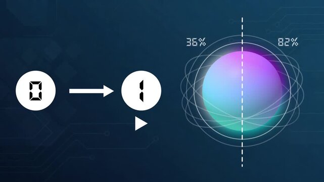 Quantum Computing Technology Concept 2D Vector Animation of Binary Classical Bit and Floating Qubit Superposition Shifting Data
