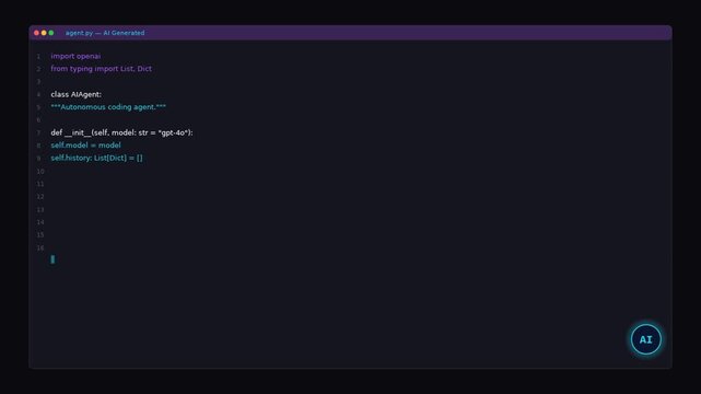 Ai coding agent writing python script in dark mode code editor animation