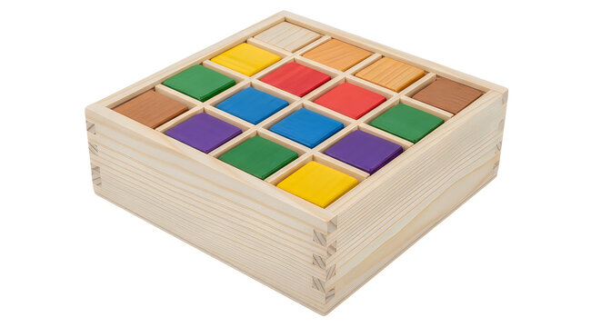 Colorful wooden blocks sorting toy in a box