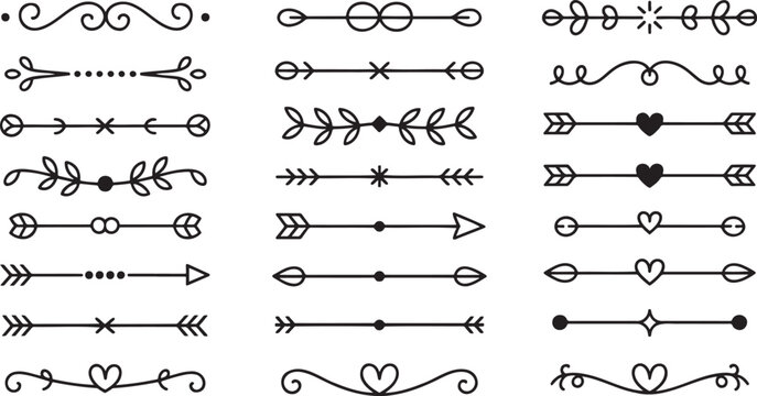 Charming Black Outline Dividers with Hearts Leaves and Arrows for Romantic and Natural Themes