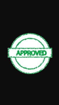 Green approved stamp seal with rough edges on black background. Document verification success indicator icon.