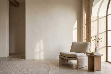 Luxury hospitality design featuring ivory and beige materials with minimal furniture in a spacious room during daylight