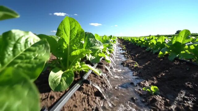 Irrigation system waters lush green plants in a vast agricultural field on a sunny day with clear blue skies.