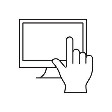 Hand interacting with touch screen computer monitor line icon