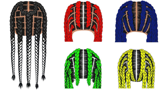 Colorful braided hair extensions and cornrow patterns in top view