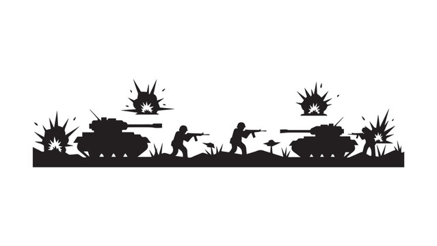 Battlefield Silhouette Tanks and Soldiers in Combat.