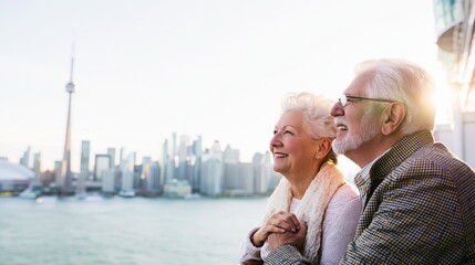 Naklejka premium Senior couple enjoying cruise vacation, smiling and holding hands while overlooking Toronto waterfront city skyline