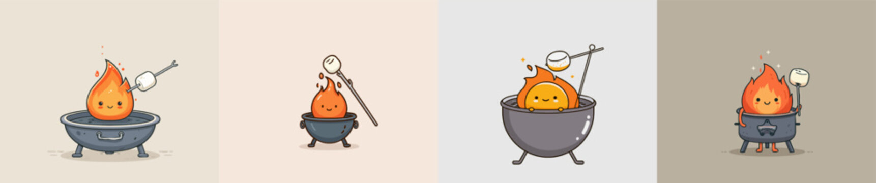 A charming flat 2D vector doodle illustration depicts a classic outdoor metal campfire pit with a smiling orange flame gently roasting a round marshmallow on a metal stick against a plain background