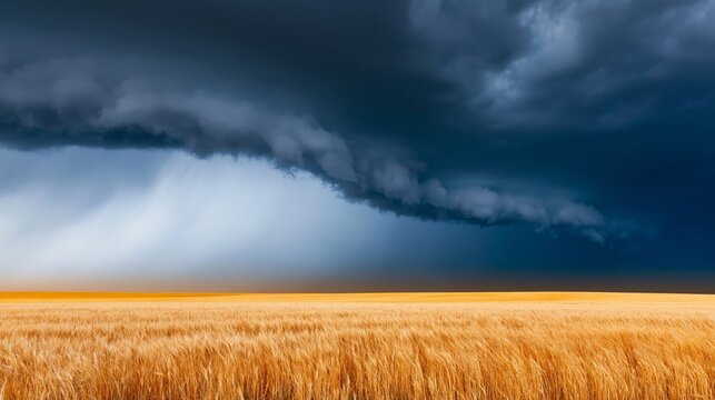 Dark storm cloud rolling over a golden wheat field, contrasting with sunny harvest landscape