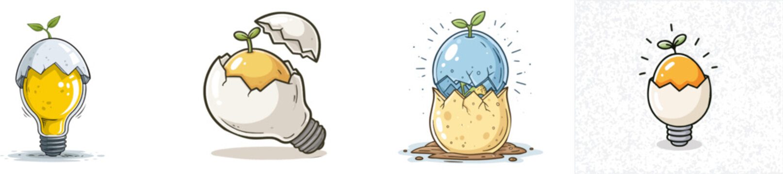 A whimsical lightbulb with a cracked glass bulb and a small green sprout growing out on top, set against a clean white background in a flat graphic style