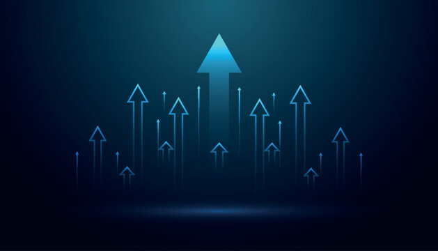 Dark green gradient abstract business background with glowing upward moving arrow lines. Futuristic design with modern line elements and light speed effect.