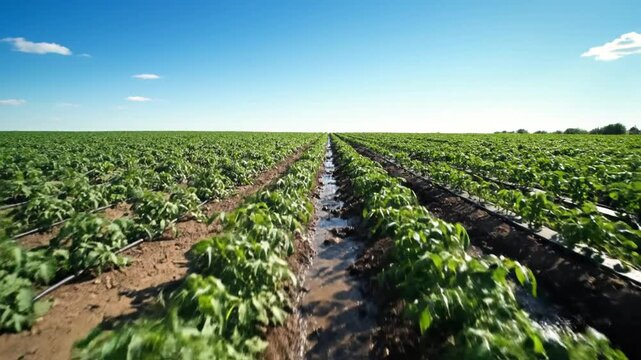 A vast field of lush green plants grows under irrigation with a clear blue sky.
