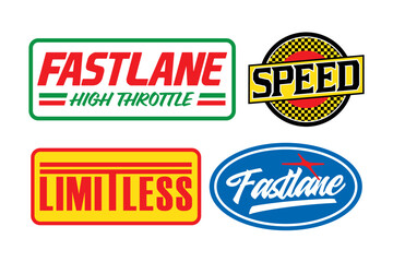 Streetwear auto racing logo and automotive badge with set y2k vector style featuring bold typography for fastlane, speed, and limitless with checkered flag motifs and retro color palettes. © Fatboy29Basic