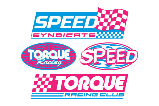 Streetwear auto racing logo and automotive badge with set y2k vector style featuring speed syndicate, torque racing club text with checkered flags, globe icons, flame motifs colors.