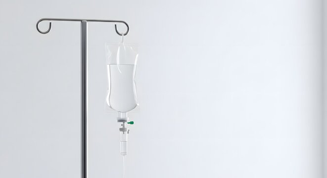 Intravenous drip stand with saline solution bag in a hospital setting, representing medical treatment and care.
