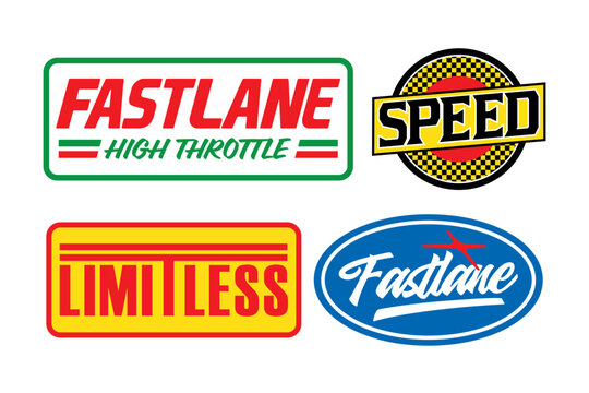 Streetwear auto racing logo and automotive badge with set y2k vector style featuring bold typography for fastlane, speed, and limitless with checkered flag motifs and retro color palettes.