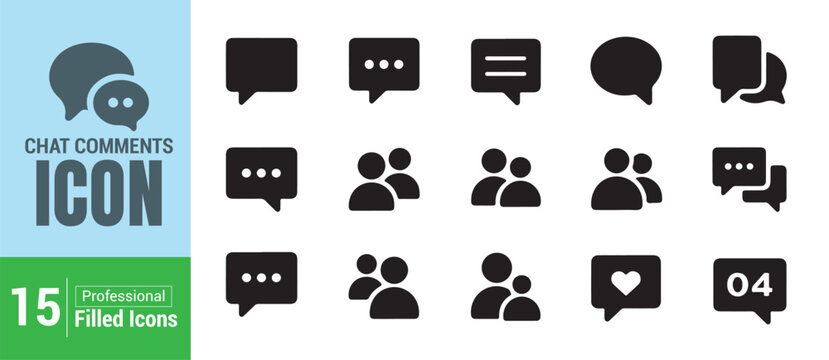 Chat comments icon set with fifteen professional filled shapes for digital user interface designs.
