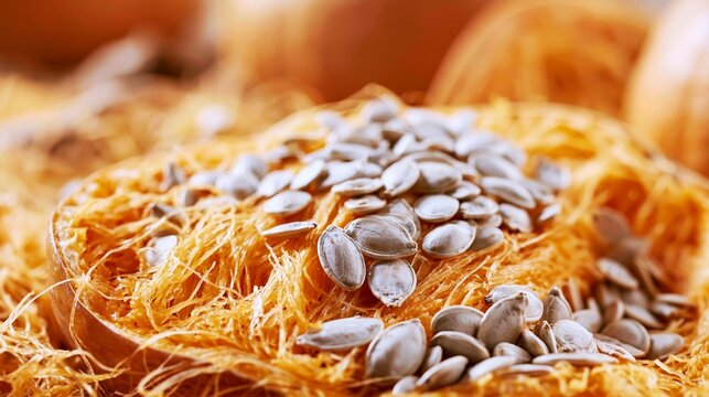 Pumpkin interior with many seeds embedded in stringy pulp, showcasing vibrant orange color and natural textures
