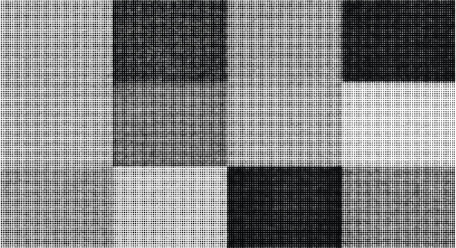 Grid of black and white squares with varying dot density, creating texture and depth, graphic resource, abstract halftone effect, minimalist art.