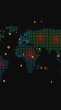 Pixelated global network world map showing red hotspots with blue borders. Cyber attack cybersecurity tracking panel display.