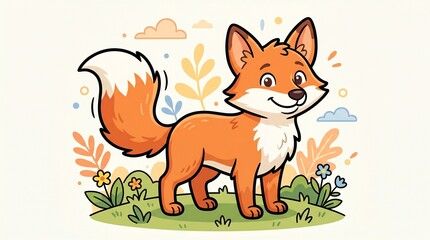 Fototapeta premium Friendly Fox Clipart with Orange Tones and Thick Outline Cartoon Illustration