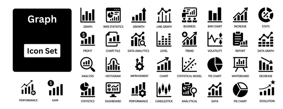Silhouette vector of Graph icon set. Graph silhouette icon set. Graph and Charts web icons in line style contains Graphics, infographic, statistics, data, diagrams, economy reduction, finance. 