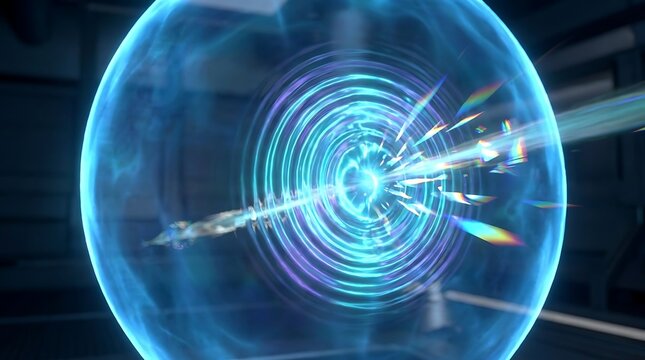 Futuristic energy pulse weapon blast impact effect contained within a glass bubble shield