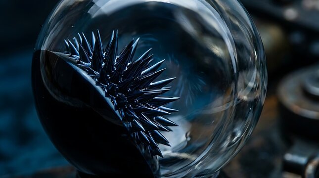 Macro shot of a dark metallic ferrofluid forming sharp magnetic spikes inside a glass sphere