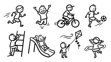 Obraz premium Children's Playtime Activities: Running, Jumping, Cycling, Soccer, Climbing, Sliding, Kite Flying, Hula Hooping