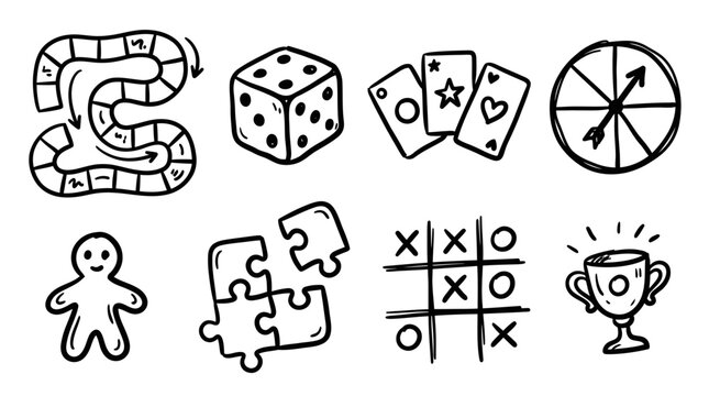 Hand-drawn Game Icons: Board Game, Dice, Cards, Spinner, Puzzle, Tic Tac Toe, Trophy