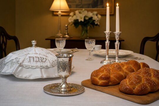 A Shabbat table set with a white linen cloth, silver cup, and braided challah bread, warm ambient light.