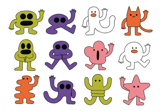 Cute Quirky Monster Character Doodle Vector Clipart Asset Sheet