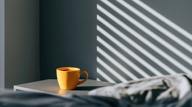 Yellow espresso cup sits on a dark bedside table, morning sun rays casting striped shadows on the wall in a minimalist bedroom