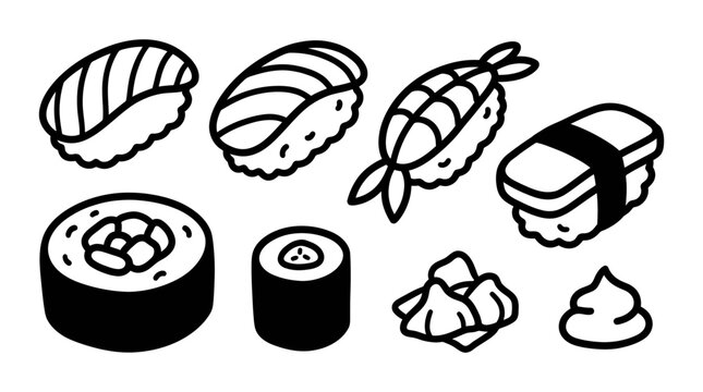 Cute Sushi Icon Set: Nigiri, Maki, Ebi, Wasabi, Ginger - Black and White