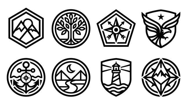 Set of 8 modern geometric emblems and icons with nature, travel, and navigation themes