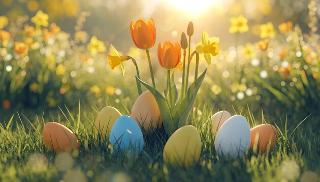Colorful easter eggs resting in green grass with orange tulips and daffodils in the sunlight