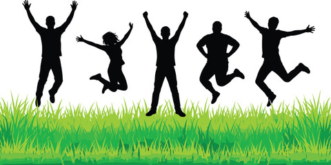 Vector illustration of five jumping silhouettes over green grass representing outdoor activity freedom energy and happiness concept © Creative Stoker