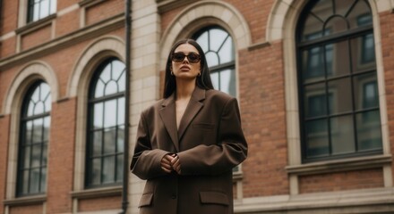 Fototapeta premium Woman in oversized blazer and sunglasses outdoors