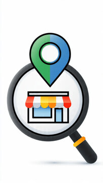 Magnifying glass with colorful storefront icon representing shopping and retail exploration