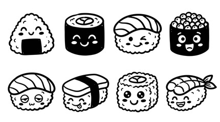 Cute Kawaii Sushi Characters Set: Onigiri, Maki, Nigiri, Ikura, Sashimi © Wagiman Studio