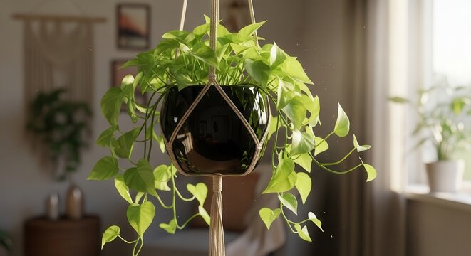 Lush green hanging plant in macrame holder indoors
