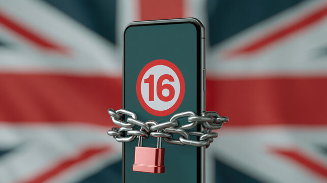 Smartphone locked with chain and padlock displaying age restriction 16 with a Union Jack flag, UK internet safety concept