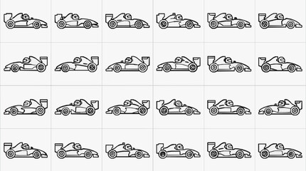 Naklejka premium Clean Line Art Collection of Iconic Formula Racing Cars with Distinctive Number Plates with high professional line art symbols for modern creative design and digital branding projects