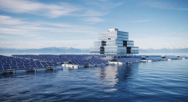 Floating solar farm and modern building on water