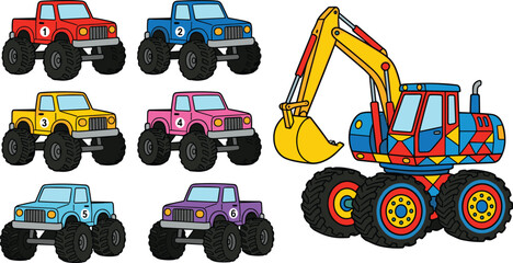 Colorful vector illustration of monster trucks and excavator with geometric patterns in playful cartoon style for children © Creative Stoker