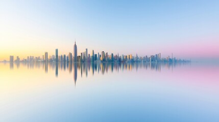 Fototapeta premium Cityscape at Dawn: A breathtaking panoramic view of a sprawling cityscape emerging from the morning mist, its towering structures mirrored in the calm.